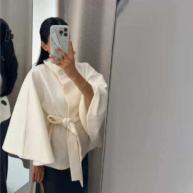 Elegant vintage Cape Coat Fashion Loose Stand Neck Belt Single Breasted Female Streetwear 2025 Autumn Winter Casual Lady Outwear