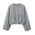 HXAO Outerwears Cropped Bomber Jacket Women Autumn Long Sleeve Faux Wool Coats For Woman Winter Zip Up Gray Beige Short Coats