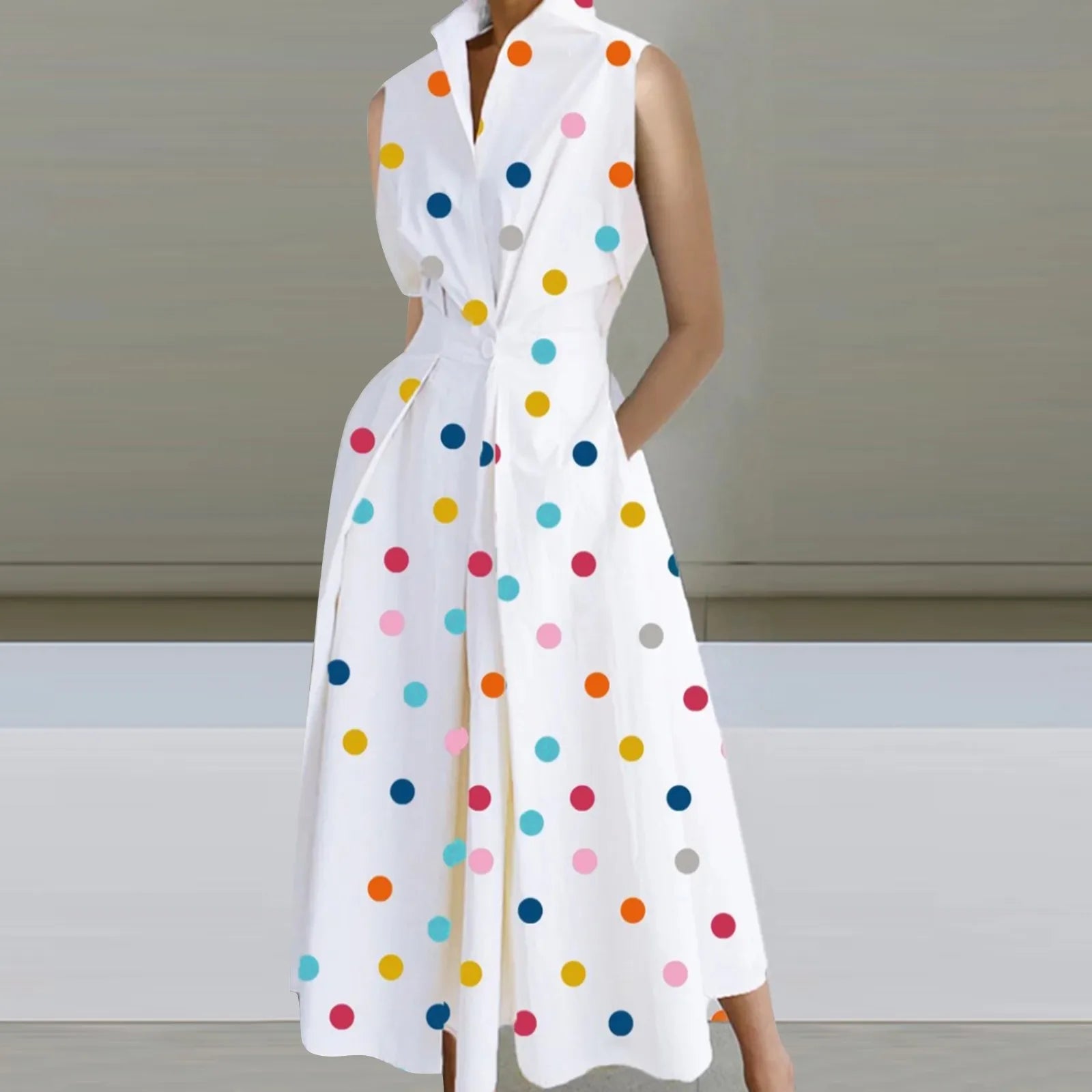 Korean Summer Sleeveless Shirt Dress for Women Turn Down Collar Ruched Maxi Dress Women Button Tunic Party Holiday Dress 원피스