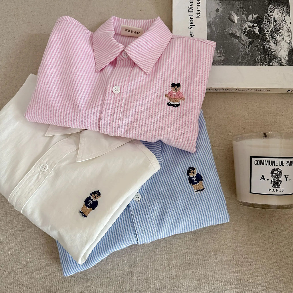 Children's Shirt 2025 Spring Cartoon Boys' Girls' Long Sleeve Blouses Shirts Korean Children's Clothing Pink Blue White Blouse