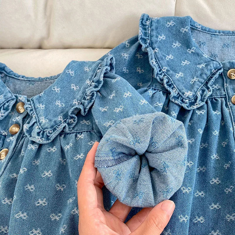 2025 New Spring Sister Clothes 0-4 Yrs Baby Girl Party Dress Baby Girl Romper Long Sleeved Denim Print Kids Princess Dresses