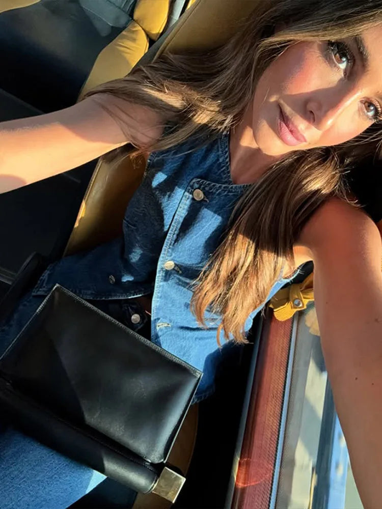 Elegant Women's Suits Denim Sleeveless Irregular Short Vest Wide Legs Long Jeans 2025 Autumn Street Fashion Ladies Pants Sets