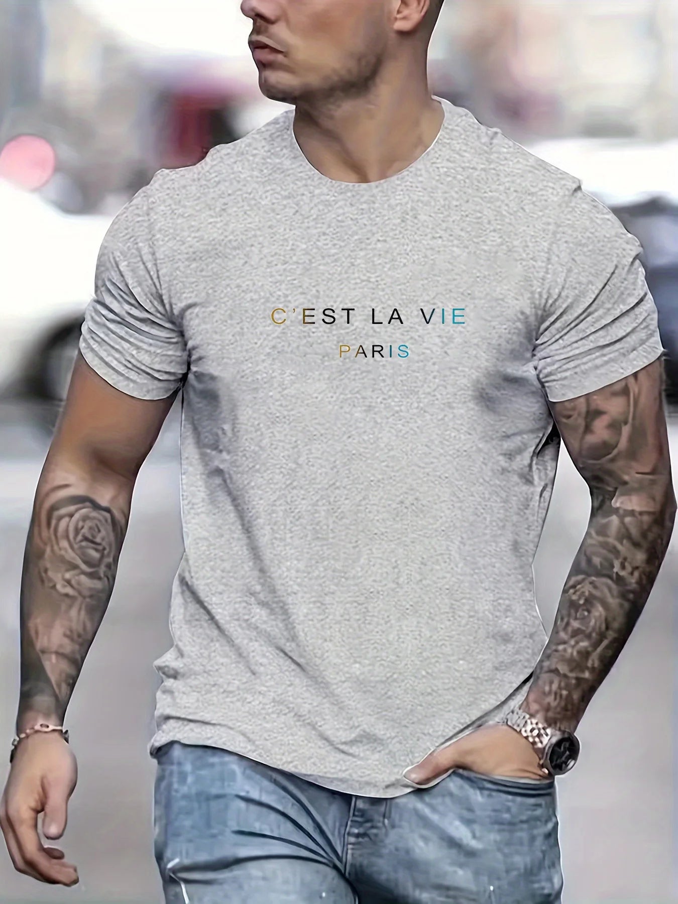 Men's summer 100% pure cotton fashionable casual loose Paris letter printed round neck short sleeved T-shirt top