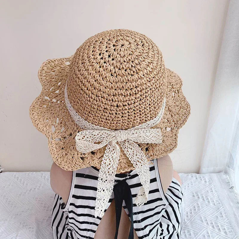 Fashion Baby Petal Brim Straw Woven Hat Sun Protection Lace Cap Kids Girls Princess Collapsible Beach Cute Infant Bucket Hats