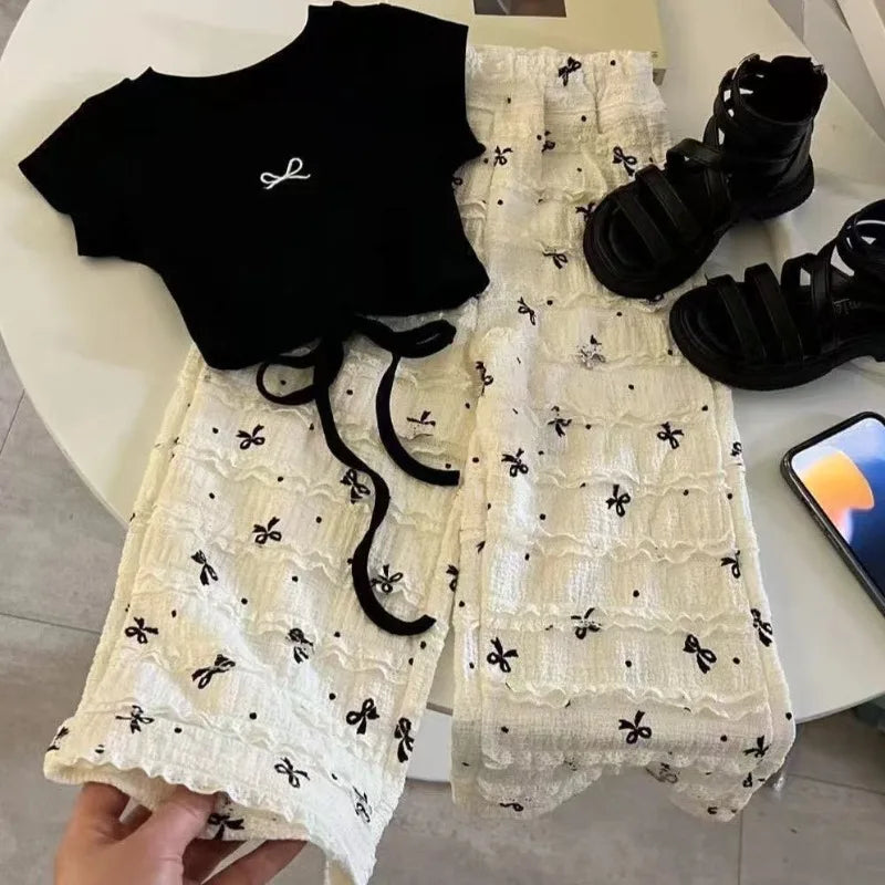 2-8Y Girls' Short Sleeve Shirt Children's 2025 Summer Dress New Style T-shirt Korean Bow Tops Wide Leg Pants Baby Summer Clothes