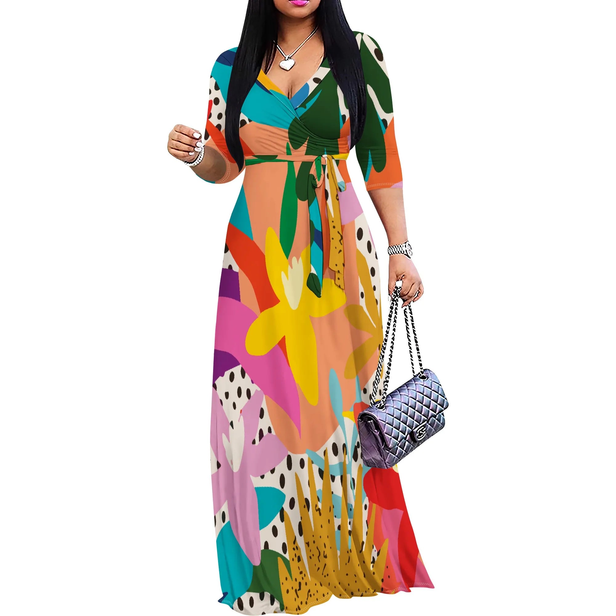 3/4 Sleeve V Neck Maxi Dress For Women With Pocket and Belt