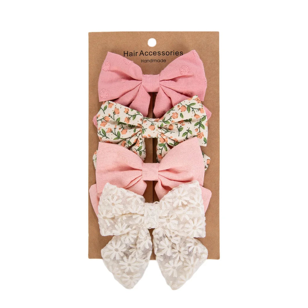 4Pcs/Set Baby Girls Hair Bows Clips Linen Cotton Ponytail Hairpins Plaid Flower Dot Printed Korean Ins Hairgrips Kids Headwear