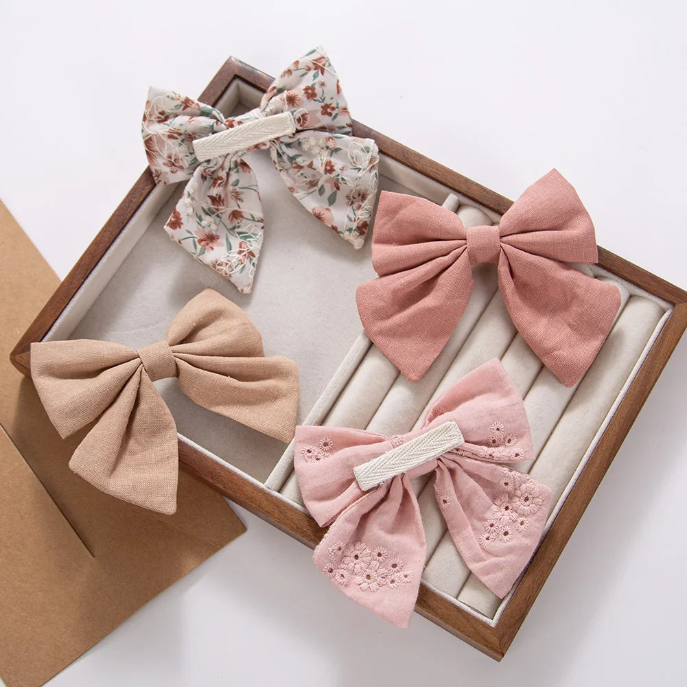 4Pcs/Set Baby Girls Hair Bows Clips Linen Cotton Ponytail Hairpins Plaid Flower Dot Printed Korean Ins Hairgrips Kids Headwear