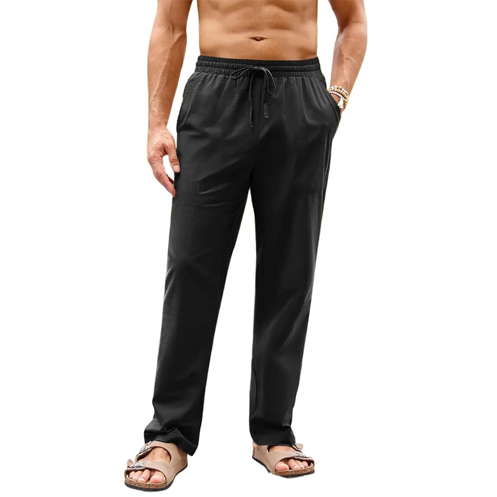 Men's Cotton Linen Long Pants Elastic Waist Drawstring Casual Trouser Straight Legs Beach Style Lightweight Breathable Pants