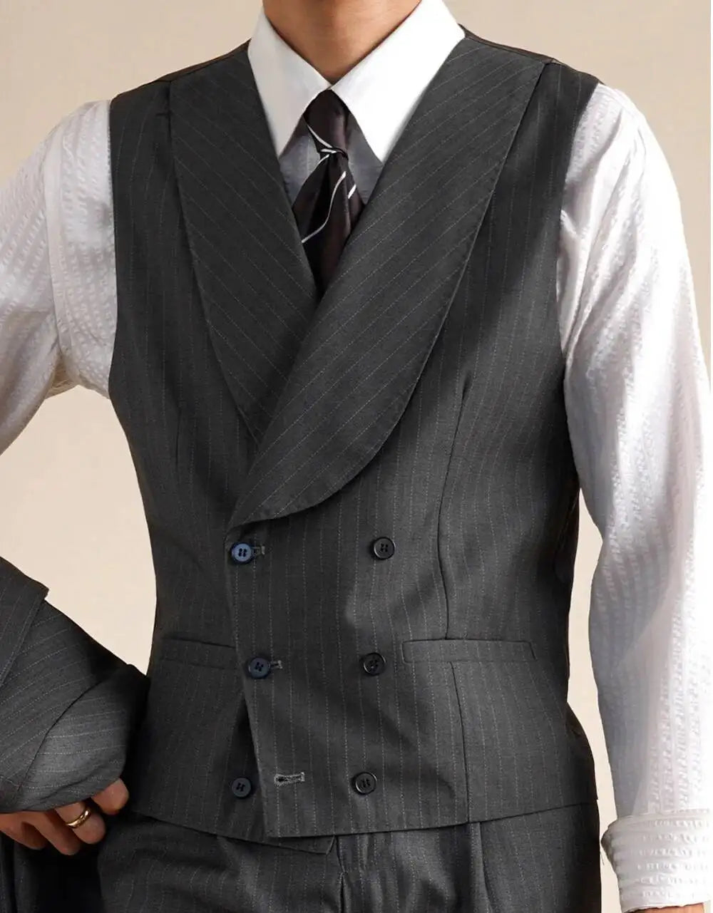 Wool Italian Blazers Suit For Men Business Double Breasted Wedding Tuxedo Suit Smoking Homme Mariage Striped Suit 3 Piece Homme