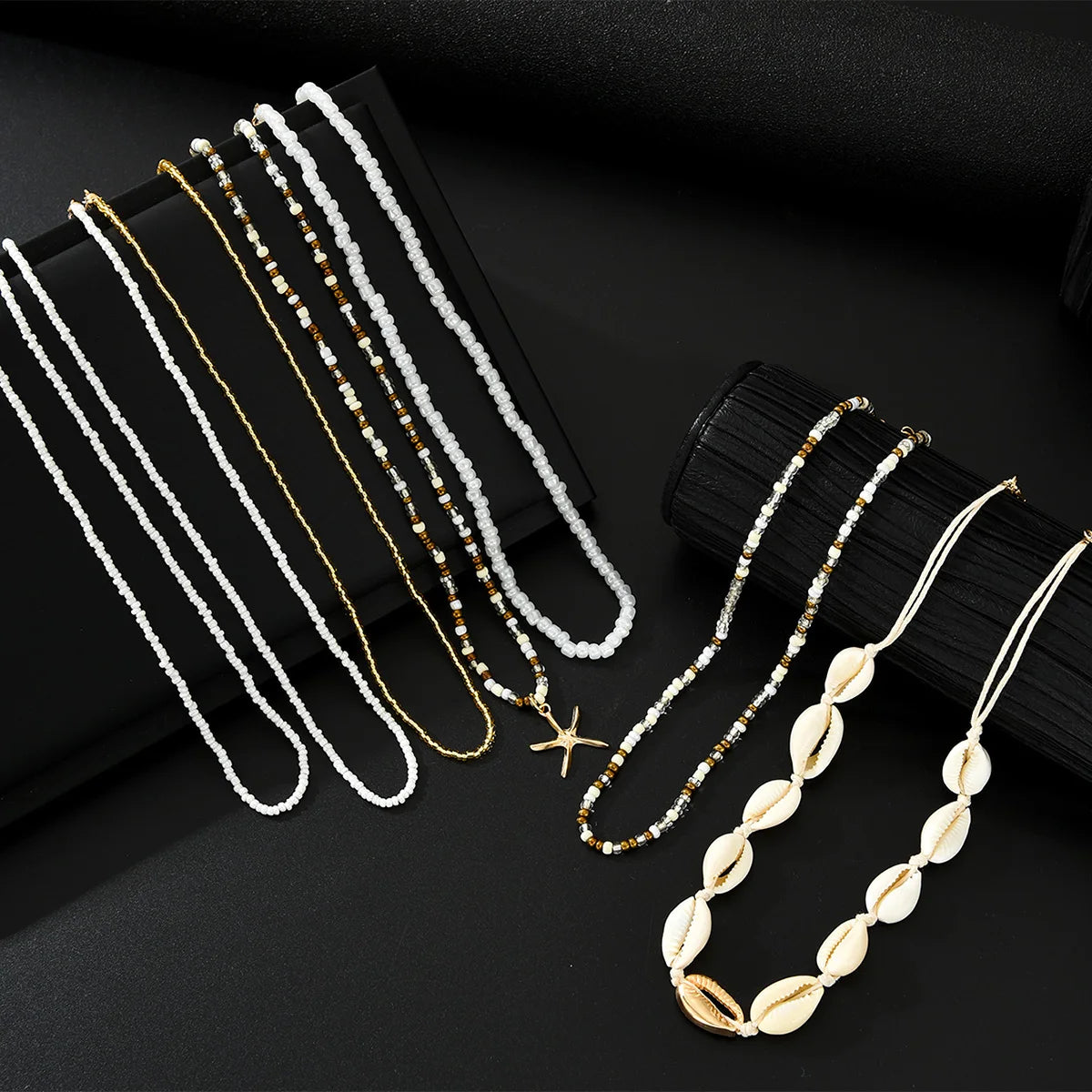 7Pcs/Set Boho Starfish Conch Rice Beads Pendant Necklace for Women Fashion White Color Multi layered Necklace Set Summer Jewelry