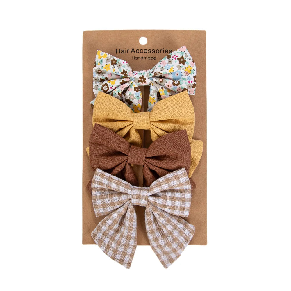 4Pcs/Set Baby Girls Hair Bows Clips Linen Cotton Ponytail Hairpins Plaid Flower Dot Printed Korean Ins Hairgrips Kids Headwear