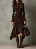 Long Dress for Women Solid Suede Long Sleeves Round Neck Maxi Dress Tie Elastic Waist Temperament Elegant High Street Dresses