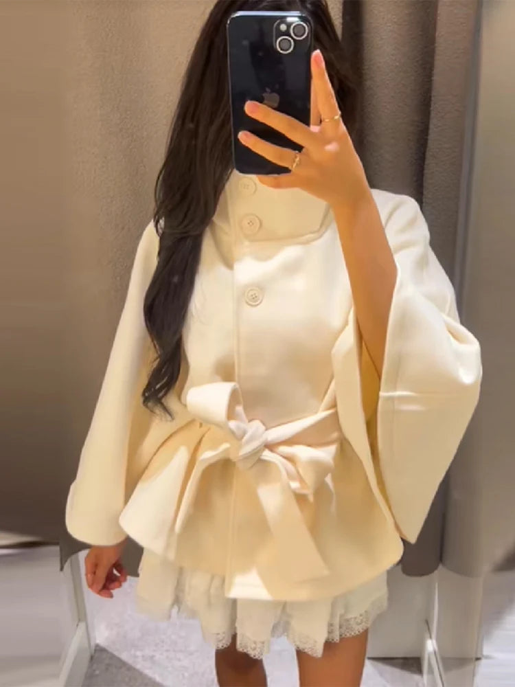 Elegant vintage Cape Coat Fashion Loose Stand Neck Belt Single Breasted Female Streetwear 2025 Autumn Winter Casual Lady Outwear