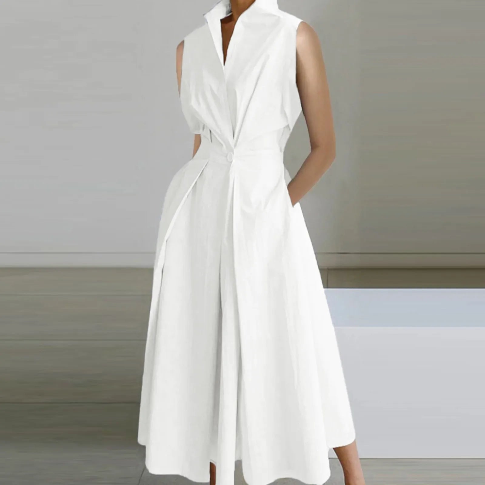 Korean Summer Sleeveless Shirt Dress for Women Turn Down Collar Ruched Maxi Dress Women Button Tunic Party Holiday Dress 원피스