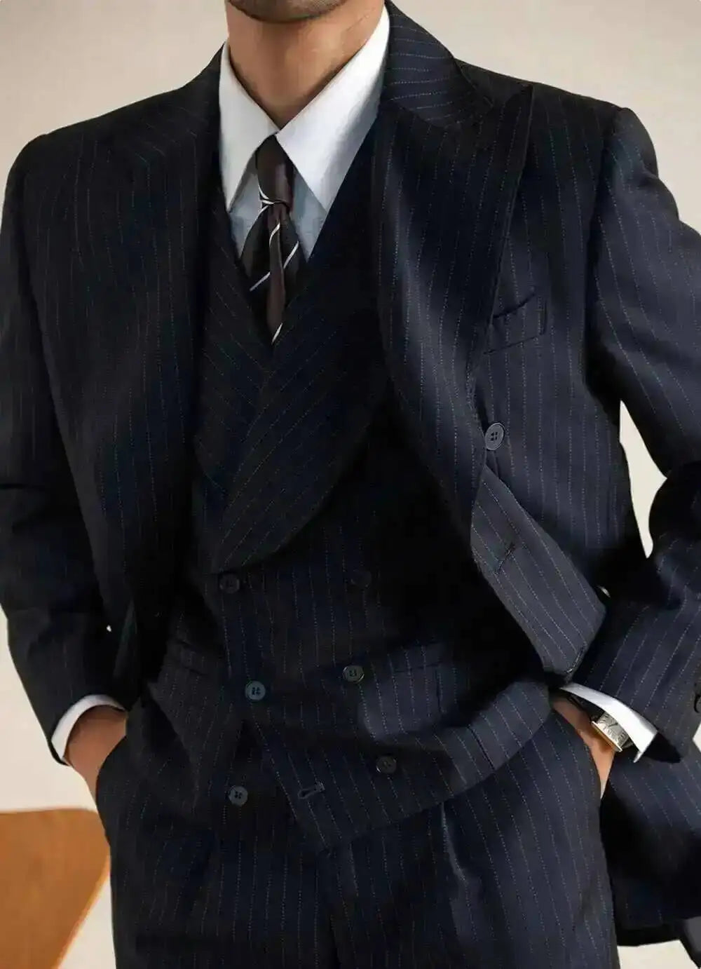 Wool Italian Blazers Suit For Men Business Double Breasted Wedding Tuxedo Suit Smoking Homme Mariage Striped Suit 3 Piece Homme