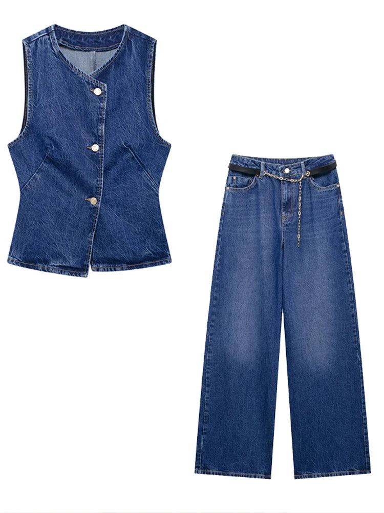 Elegant Women's Suits Denim Sleeveless Irregular Short Vest Wide Legs Long Jeans 2025 Autumn Street Fashion Ladies Pants Sets