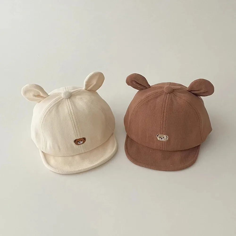 2026 NEW Cartoon Bear Baby Baseball Hat with Ears Cute Solid Color Infant Peaked Cap Kawaii Spring Summer Kids Cotton Sun Hats
