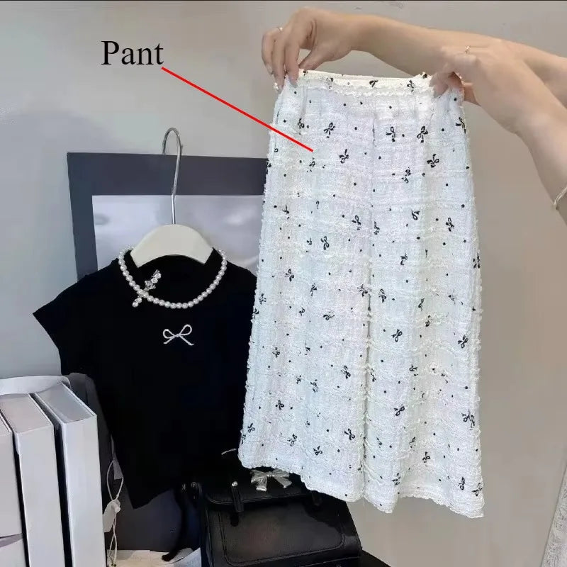 2-8Y Girls' Short Sleeve Shirt Children's 2025 Summer Dress New Style T-shirt Korean Bow Tops Wide Leg Pants Baby Summer Clothes
