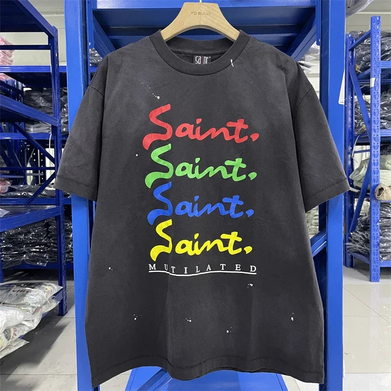 Saint JESUS Night Light Destruction distressed printed short sleeved T-shirt T Shirt Men Women T Shirt Top Tees