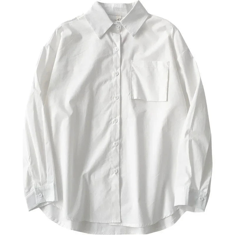 Japanese Style Loose Long Sleeve White Shirts Women Preppy Style Pocket Turn Down Collar Shirt Woman Harajuku Oversized Blouse