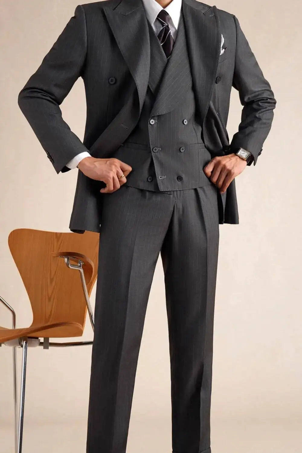 Wool Italian Blazers Suit For Men Business Double Breasted Wedding Tuxedo Suit Smoking Homme Mariage Striped Suit 3 Piece Homme