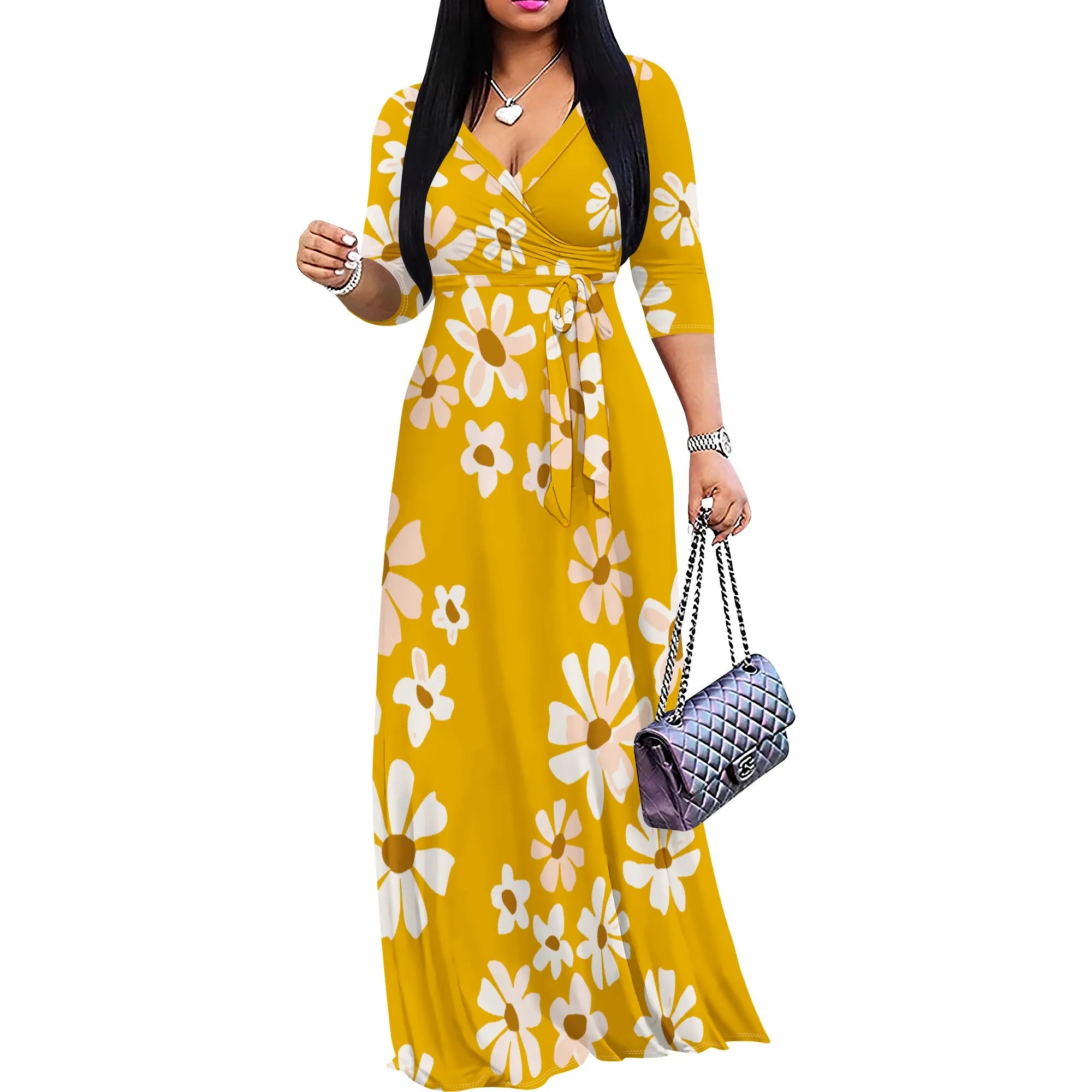 3/4 Sleeve V Neck Maxi Dress For Women With Pocket and Belt