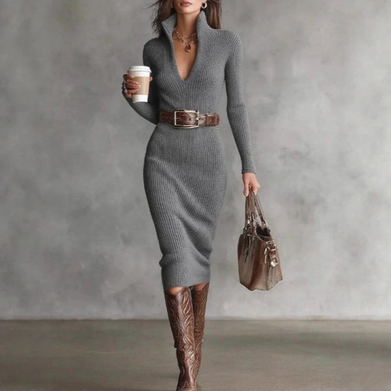Women's Fashion Elegant Casual Turtleneck Patchwork Maxi Dress Long Sleeve Autumn Winter Simple Party Streetwear Solid 2025 New
