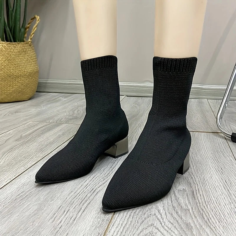 Women's Knitted Ankle Boots Pointed Toe Stretchy Chunky med Heels Fashion Sock Short Botas