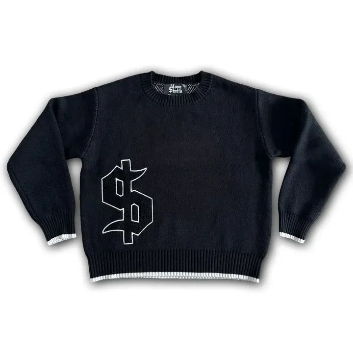 European and American embroidered round sweater men's street design jacquard loose sweater Y2K vintage classic street clothing