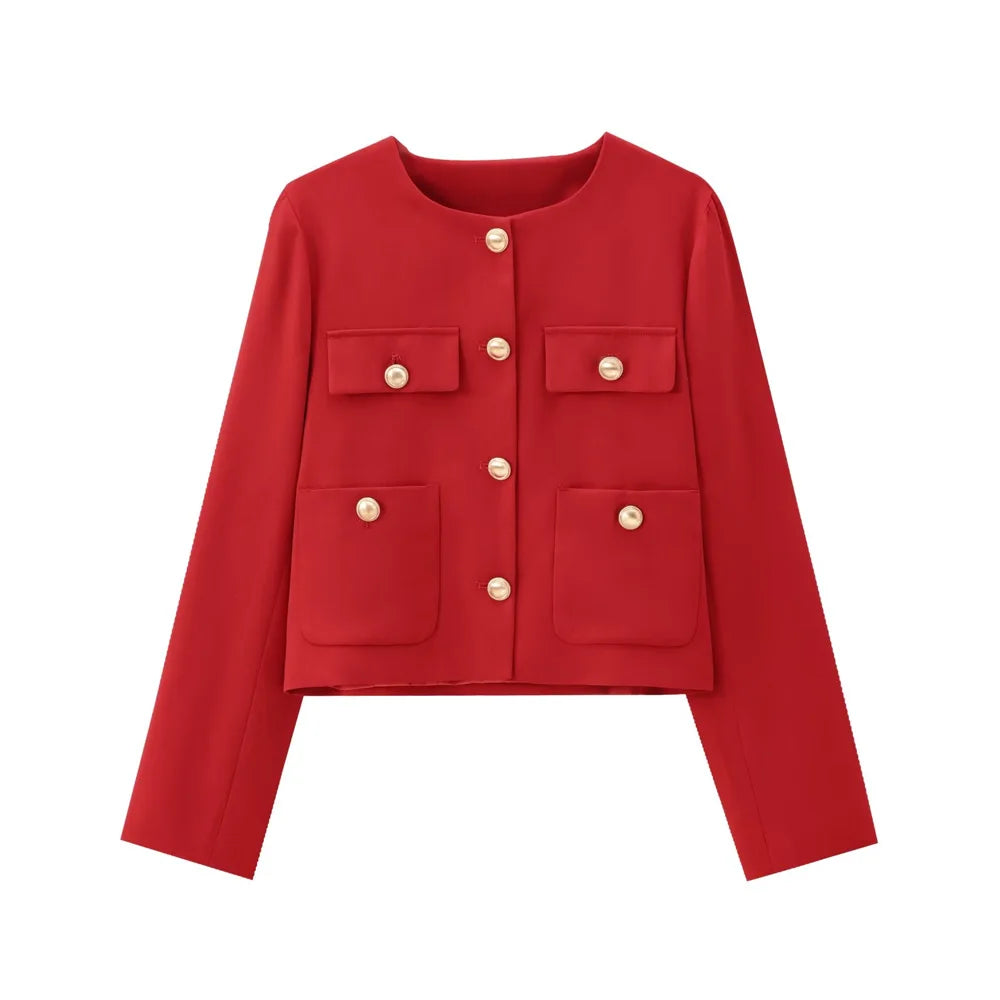 Cropped Jacket with Golden Buttons for Women, O Neck, Long Sleeve, Female Outerwear, Chic Tops, Fashion