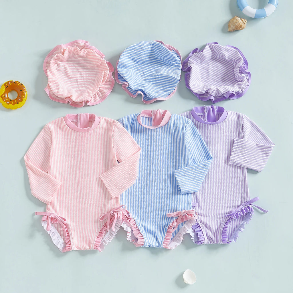 MISOWMNJOY Infant Baby Girls Summer Swimsuit with Hat Toddler Striped Long Sleeve Zipper Bathing Suit Children Beach Swimwear