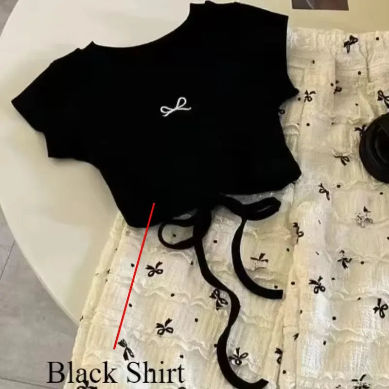 2-8Y Girls' Short Sleeve Shirt Children's 2025 Summer Dress New Style T-shirt Korean Bow Tops Wide Leg Pants Baby Summer Clothes
