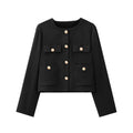 Cropped Jacket with Golden Buttons for Women, O Neck, Long Sleeve, Female Outerwear, Chic Tops, Fashion