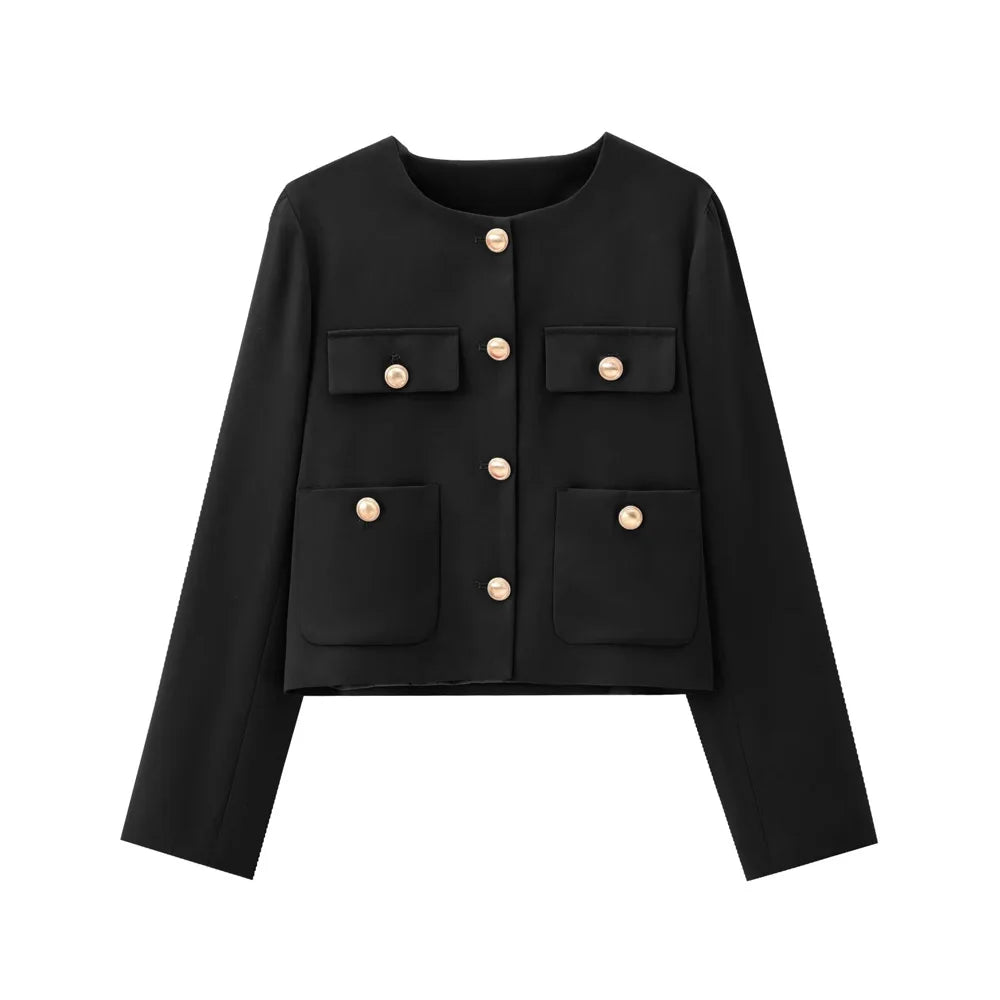 Cropped Jacket with Golden Buttons for Women, O Neck, Long Sleeve, Female Outerwear, Chic Tops, Fashion