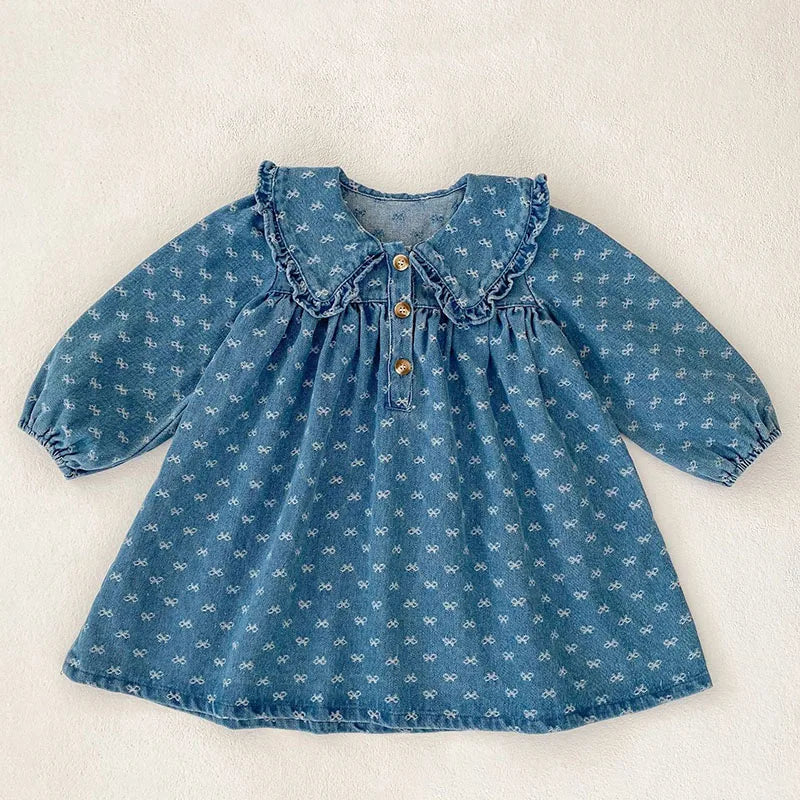 2025 New Spring Sister Clothes 0-4 Yrs Baby Girl Party Dress Baby Girl Romper Long Sleeved Denim Print Kids Princess Dresses