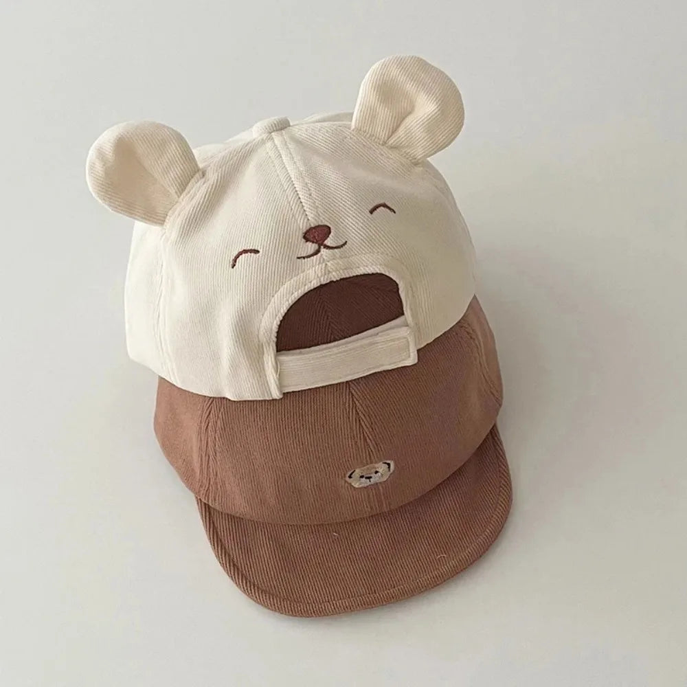 2026 NEW Cartoon Bear Baby Baseball Hat with Ears Cute Solid Color Infant Peaked Cap Kawaii Spring Summer Kids Cotton Sun Hats