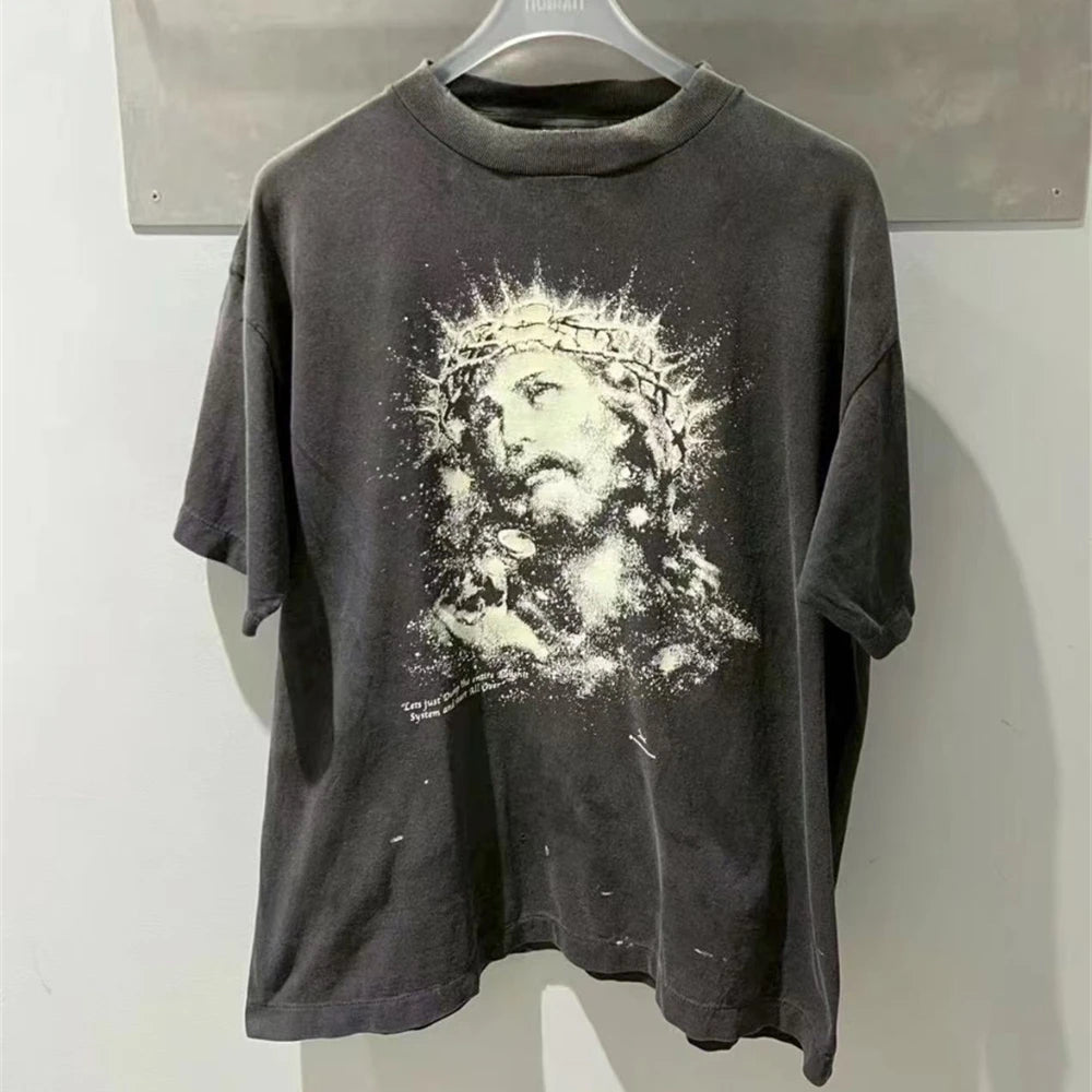 Saint JESUS Night Light Destruction distressed printed short sleeved T-shirt T Shirt Men Women T Shirt Top Tees