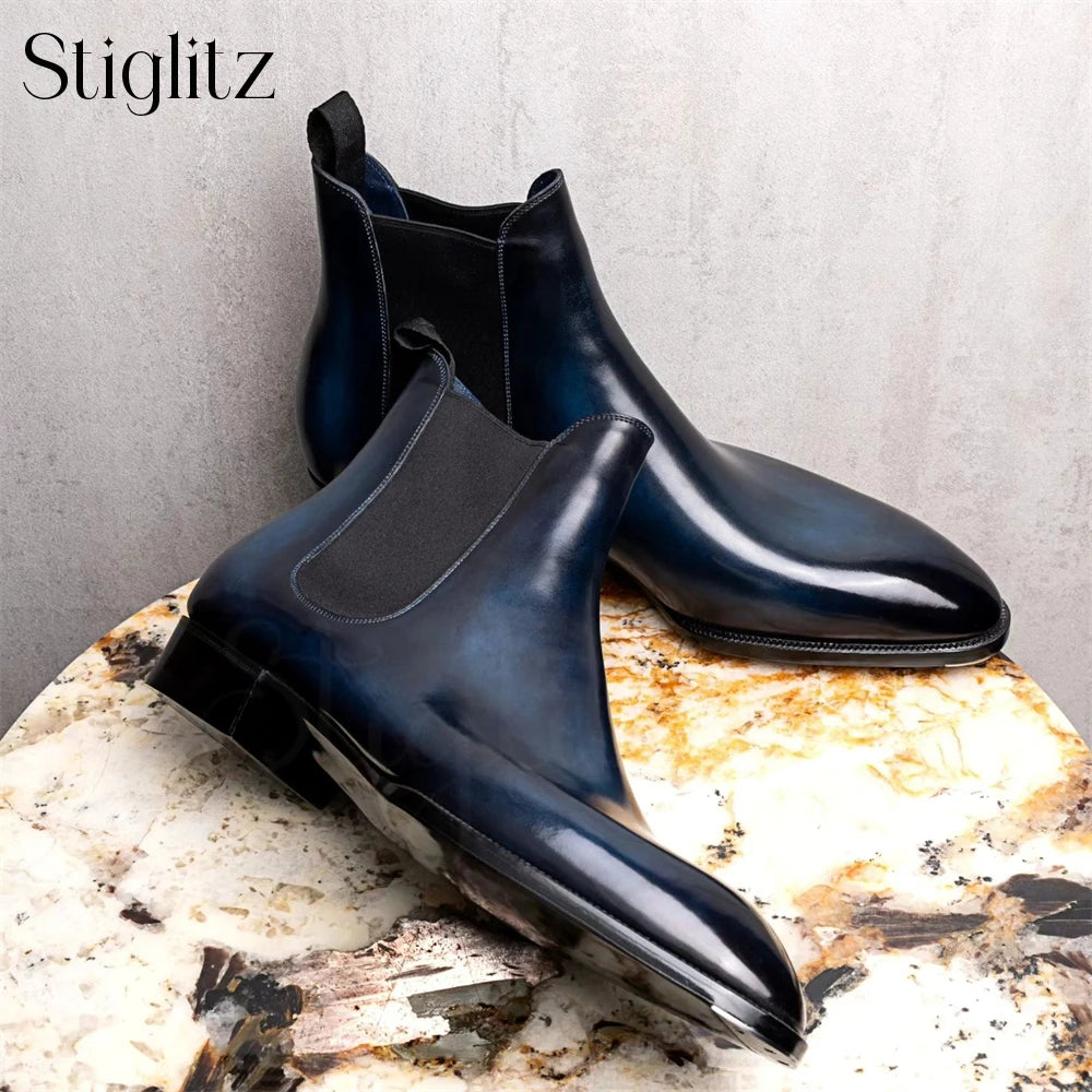 Almond Toe Chelsea Booties Formal Occasions Haute Couture Ankle Boots Genuine Leather Hand-Polished Stitched Slip-On Men's Boots