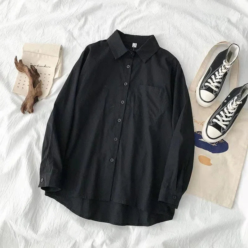 Japanese Style Loose Long Sleeve White Shirts Women Preppy Style Pocket Turn Down Collar Shirt Woman Harajuku Oversized Blouse