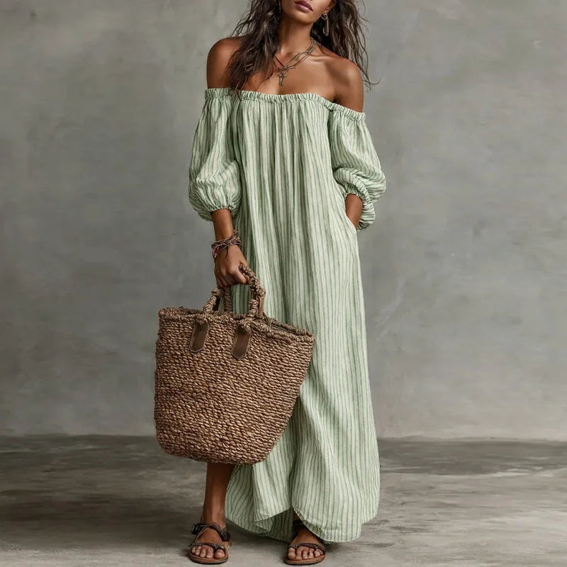 Spring Summer Beach Vacation Maxi Dress Woman Sexy Off Shoulder Puff Sleeve Long Dresses Vintage Striped Print Pocket Boho Dress