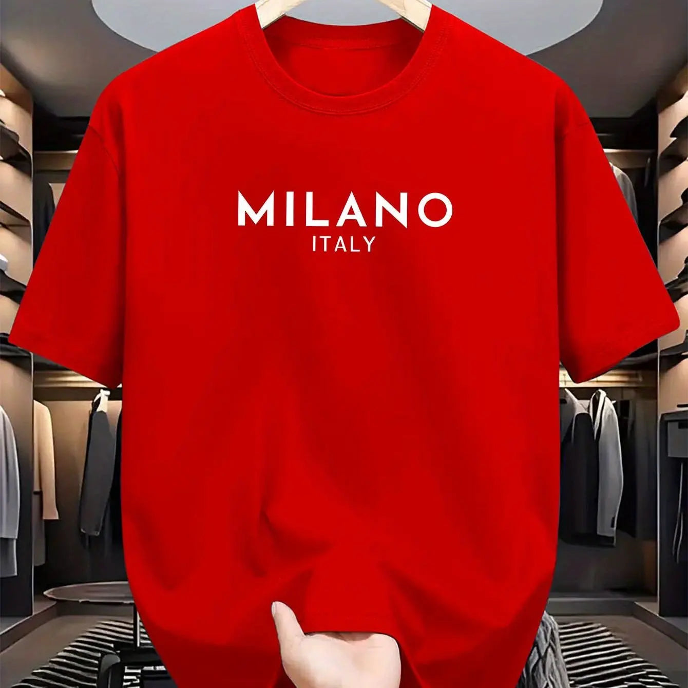 Summer men's 100% pure cotton casual loose and fashionable MILANO ITALY letter printed round neck short sleeved T-shirt top