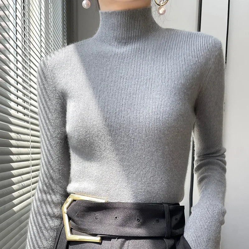 Autumn Winter Women Sweater Slim Fit Bottoming Shirt Basic Knitted Tops Black Long Sleeve Mock Neck Pullovers Strecth Innerwears