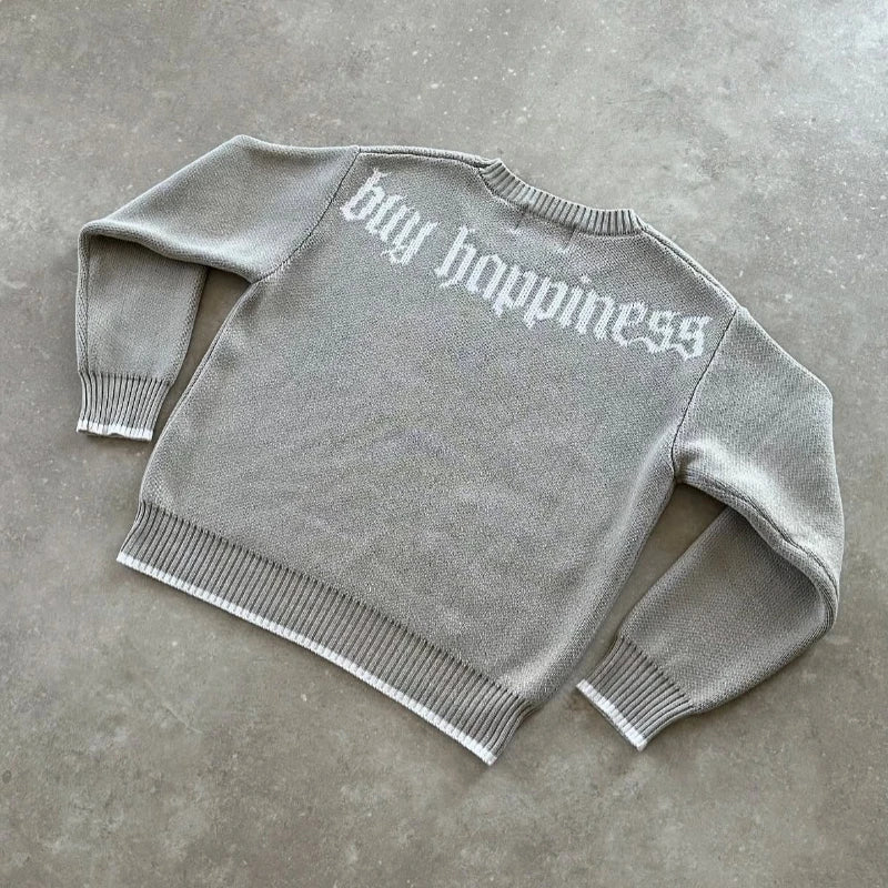 European and American embroidered round sweater men's street design jacquard loose sweater Y2K vintage classic street clothing