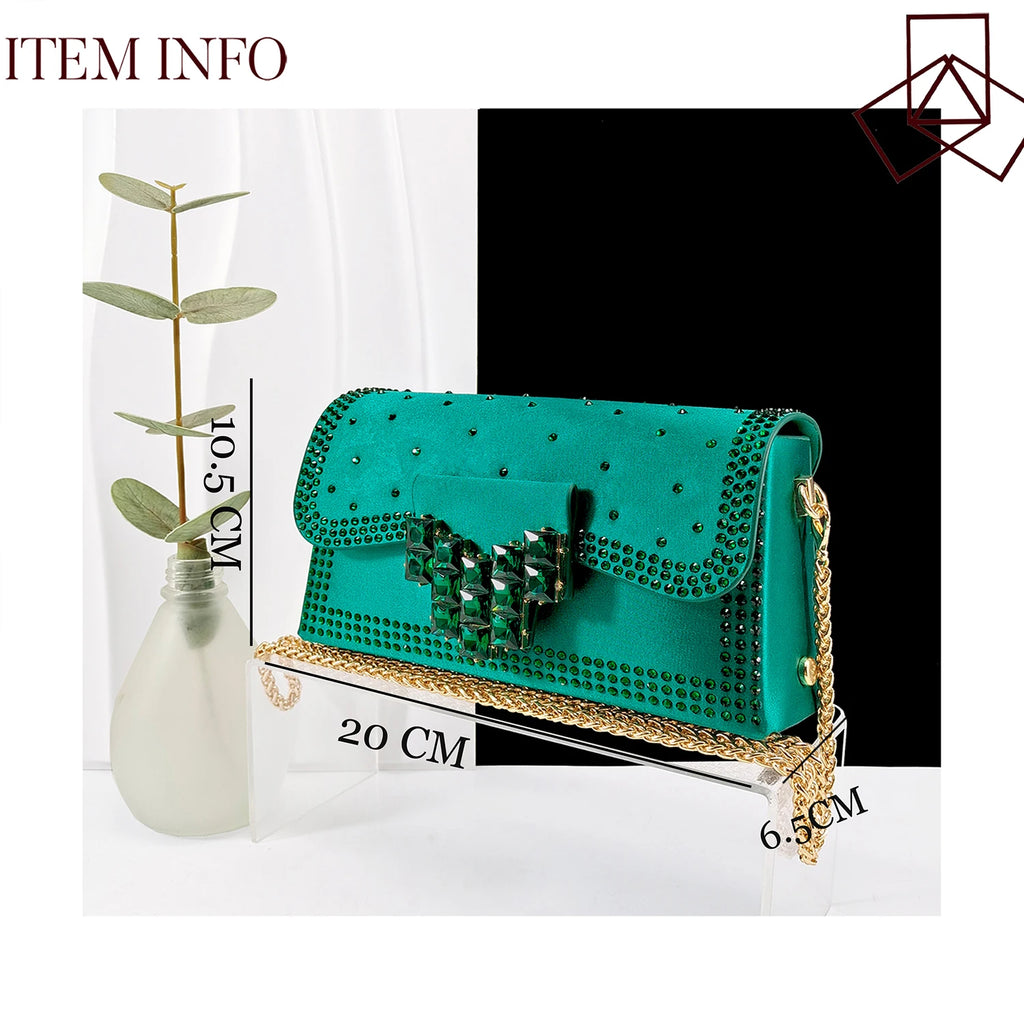 Queen Yan Green Color Rhinestone Comfortable high heel shoe And Bag Fashion Style Pointed-Toe Shoes For Women Or Commuting Shoes