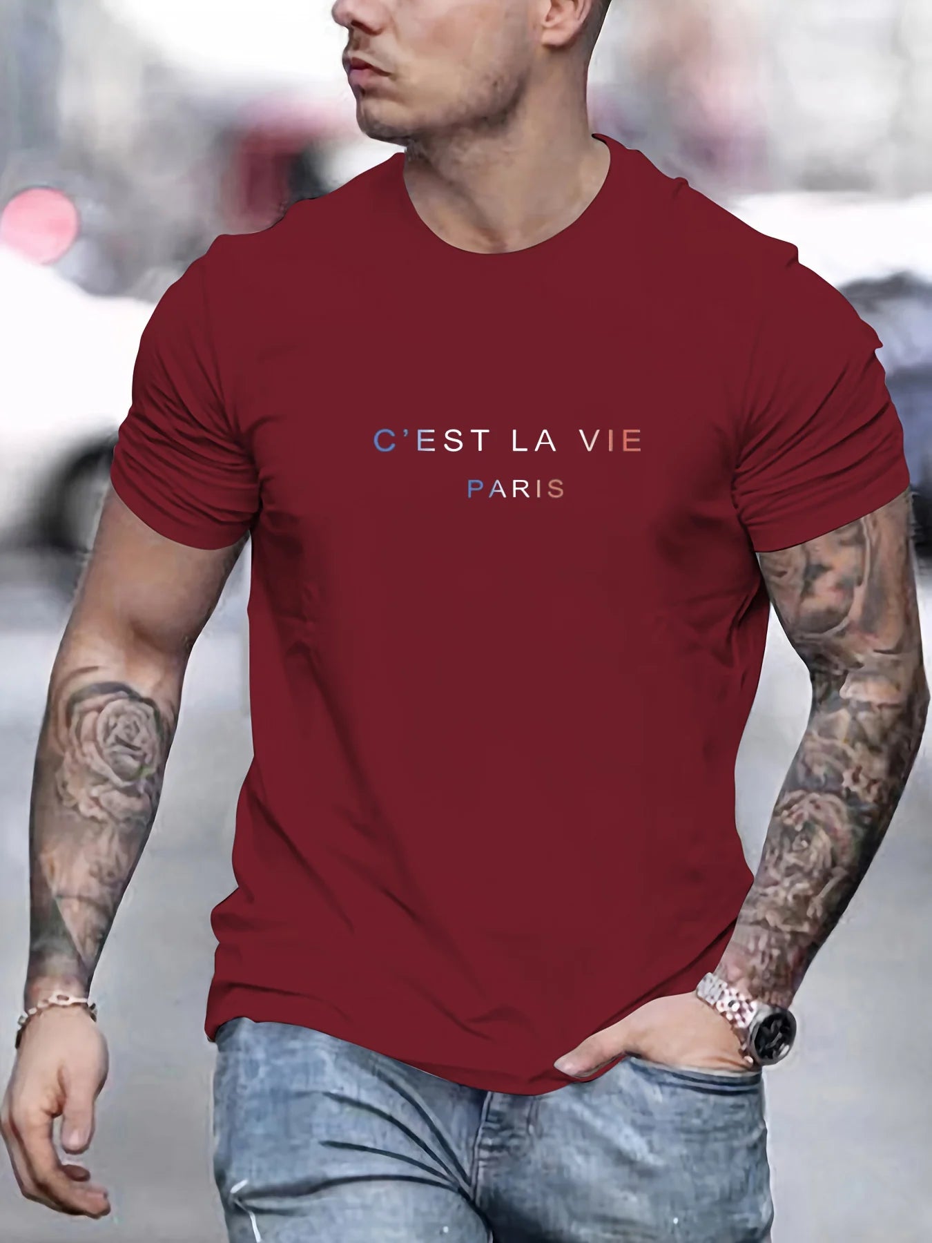 Men's summer 100% pure cotton fashionable casual loose Paris letter printed round neck short sleeved T-shirt top