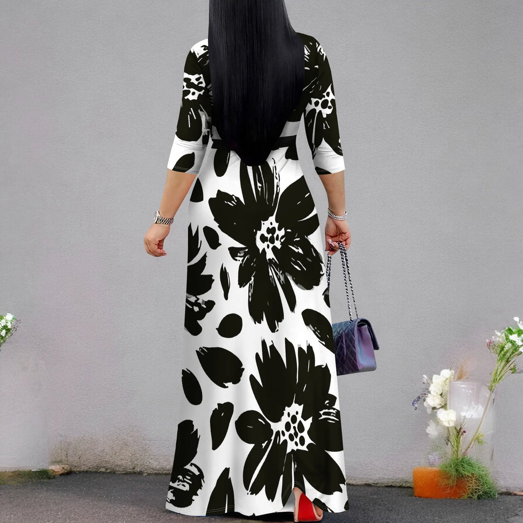 3/4 Sleeve V Neck Maxi Dress For Women With Pocket and Belt