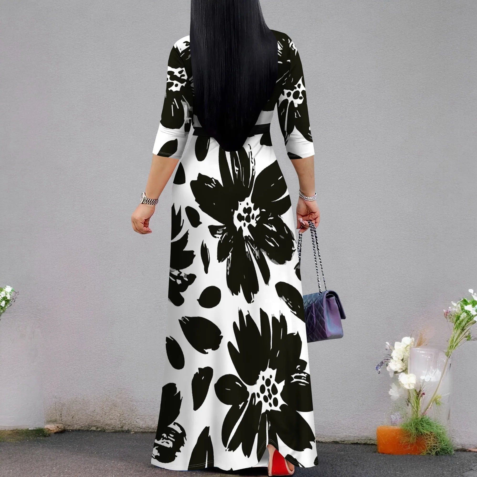 3/4 Sleeve V Neck Maxi Dress For Women With Pocket and Belt