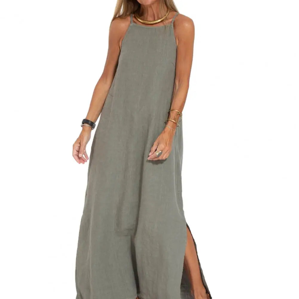 2025 Lady Strappy Maxi Dress A-line Vest Type Ankle Length Summer Beach Dress Loose Casual O Neck Side Split Summer Long Dress