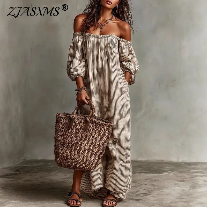 Spring Summer Beach Vacation Maxi Dress Woman Sexy Off Shoulder Puff Sleeve Long Dresses Vintage Striped Print Pocket Boho Dress